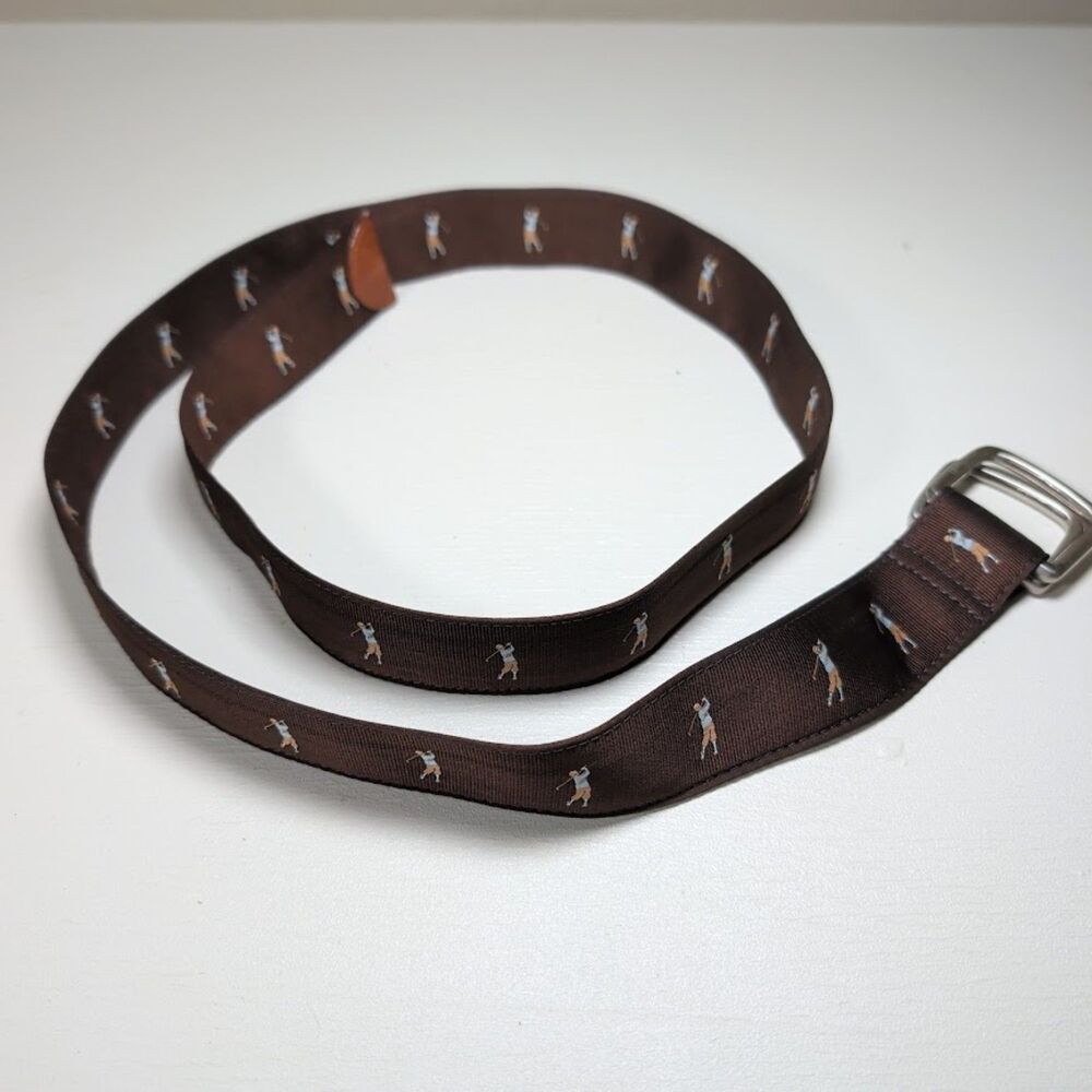 Size 36 Bobby Jones Men's Brown Ribbon Belt – Embroidered Golfer – D-Ring Buckle